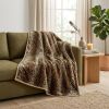 50" X 70" Ivory Black and Brown Faux Fur Animal Print Plush Throw Blanket with Embroidery