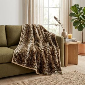 50" X 70" Ivory Black and Brown Faux Fur Animal Print Plush Throw Blanket with Embroidery