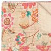 70" X 50" Beige Pink Orange and Green Kantha Cotton Floral Throw Blanket with Embroidery