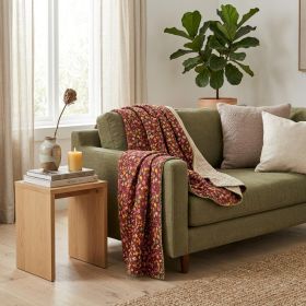 50" X 70" Maroon Yellow and Green Kantha Cotton Floral Throw Blanket with Embroidery