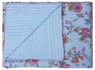 50" X 70" Blue and Red Kantha Cotton Floral Throw Blanket with Embroidery