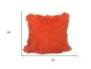 20" Orange Genuine Tibetan Lamb Fur Pillow With Microsuede Backing