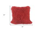 24" Red Genuine Tibetan Lamb Fur Pillow With Microsuede Backing