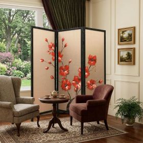 60 X 1 X 63 Brown Fabric And Wood Blooming  3 Panel Screen