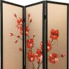60 X 1 X 63 Brown Fabric And Wood Blooming  3 Panel Screen