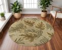 8' Sand Beige Hand Tufted Tropical Leaves Round Indoor Area Rug