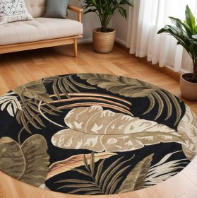 8' Midnight Black Hand Tufted Tropical Leaves Round Indoor Area Rug