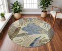 8' Ivory Blue Hand Tufted Tropical Leaves Round Indoor Area Rug