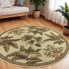 8' Ivory Hand Tufted Bordered Tropical Plants Round Indoor Area Rug