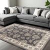 9' X 12' Grey Ivory Bordered Floral Indoor Area Rug