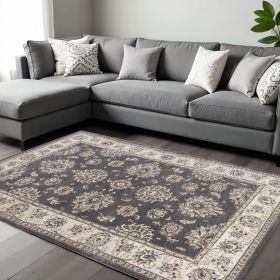 9' X 12' Grey Ivory Bordered Floral Indoor Area Rug