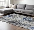10' X 13' Grey Navy Blue Machine Woven Tropical Leaves Indoor Area Rug