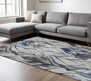 10' X 13' Grey Navy Blue Machine Woven Tropical Leaves Indoor Area Rug