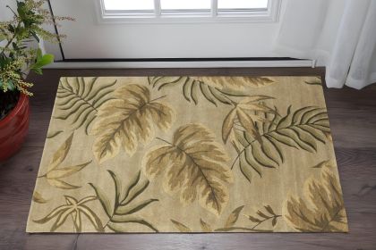 3' X 5' Sand Beige Hand Tufted Tropical Leaves Indoor Area Rug