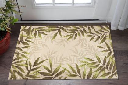 3' X 5' Ivory Hand Tufted Bordered Tropical Leaves Indoor Area Rug