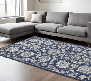 7' X 9' Denim Floral Vine Uv Treated Indoor Area Rug