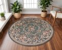 8' Round Slate Blue Floral Vine Bordered Indoor Area Rug