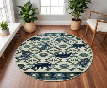 7' Round Ivory Or Blue Geometric Lodge Pattern Indoor Area Rug