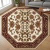 7' Octagon Ivory Or Red Floral Bordered Indoor Area Rug