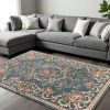 8' X 10' Slate Blue Floral Bordered Indoor Area Rug