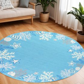 8' Sea Blue Hand Hooked Bordered Coral Reef Round Indoor Area Rug
