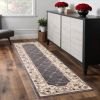 8' Grey Ivory Bordered Floral Indoor Runner Rug