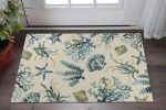 3' X 5' Ivory and Blue Seashell and Coral Hand Tufted Area Rug