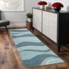 8' Ocean Blue Teal Hand Tufted Abstract Waves Indoor Runner Rug