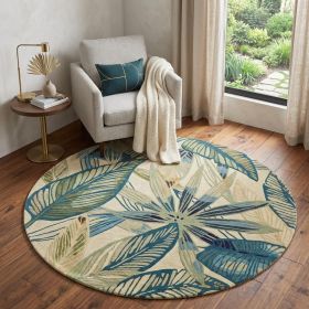 5' Ivory And Teal Wool Handmade Area Rug