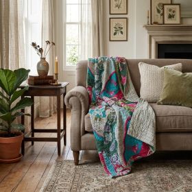 50" X 70" Green and Pink Kantha Cotton Abstract Throw Blanket with Embroidery