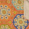 50" X 70" Orange and Blue Kantha Cotton Floral Throw Blanket with Embroidery
