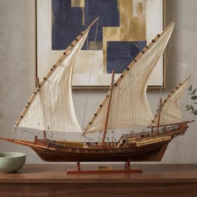 27" Brown Manufactured Wood Boat Hand Painted Sculpture