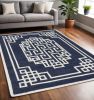 5' X 7' Navy Blue Ivory Hand Tufted Bordered Greek Key Indoor Area Rug