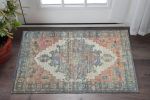 2' X 4' Blue and Ivory Medallion Hand Woven Distressed Area Rug