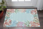 2' X 4' Blue Hand Hooked Bordered Coral Reef Indoor Accent Rug