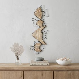 Metal And Wood Vertical Swimming Fish Wall Decor