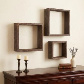 Set Of 3 Square Espresso Reclaimed Wood Open Box Shelve