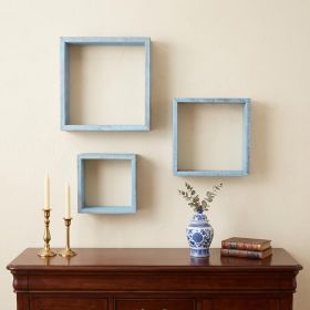 Set Of 3 Square Robins Egg Blue Reclaimed Wood Open Box Shelve