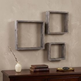 Set Of 3 Square Smoky Black Reclaimed Wood Open Box Shelve