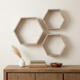 Set Of 3 Hexagon Rustic Natural Weathered Grey Wood Open Box Shelve