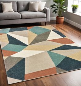 5' X 7' Blue Green Beige Retro Wedge Indoor Indoor Area Rug