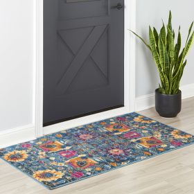 2' X 3' Blue And Orange Floral Power Loom Area Rug