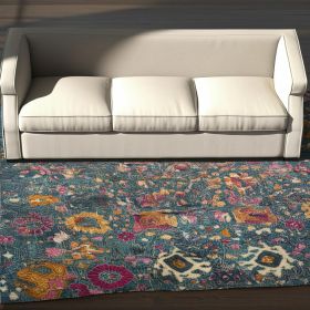 5' X 7' Blue And Orange Floral Power Loom Area Rug