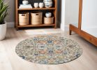 5' Orange And Ivory Round Floral Power Loom Area Rug