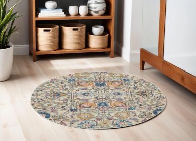 5' Orange And Ivory Round Floral Power Loom Area Rug