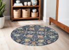 5' Navy Blue Round Floral Power Loom Area Rug