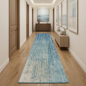 10' Ivory And Blue Abstract Power Loom Runner Rug