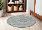 5' Light Blue Round Southwestern Power Loom Area Rug