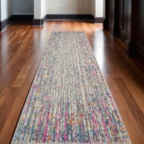 10' Pink And Ivory Abstract Power Loom Runner Rug
