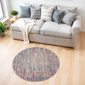 4' Pink And Ivory Round Abstract Power Loom Area Rug